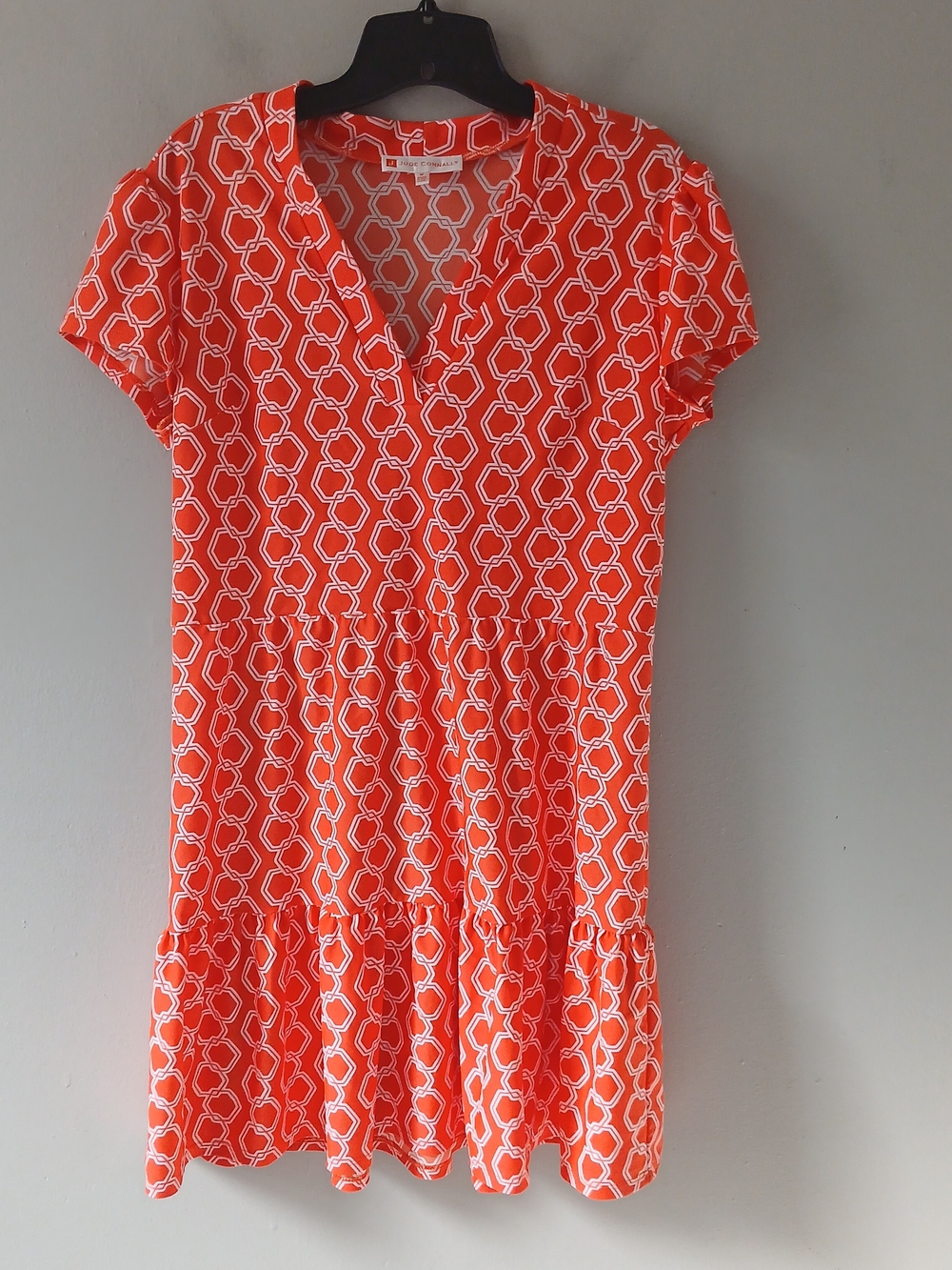 Jude Connally Women's Size Medium Orange White Geometric Tiered Mini Dress
